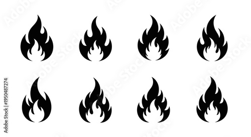 Eight black flame icons arranged in a grid on transparent background silhouette
