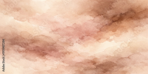 A vintage grunge watercolor background featuring an abstract brown cloud pattern on aged antique parchment paper with a retro sky illustration and weathered paint texture