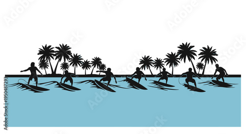 Surfers riding waves with palm trees a beautiful beach scene silhouette on transparent background