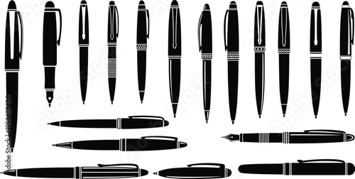 Pen silhouettes collection, ballpoint and fountain writing pen icons set, office stationery tools isolated black vector illustration design