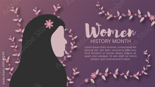 Women History Month Celebration Banner with Female Silhouette and Pink Floral Paper Cut Style