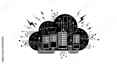Abstract illustration of cloud computing network design with lightning bolts