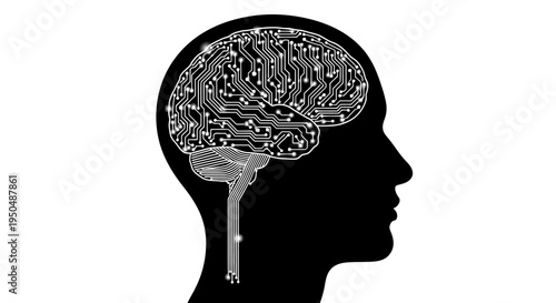 Conceptual silhouette of human head with circuitry brain representation