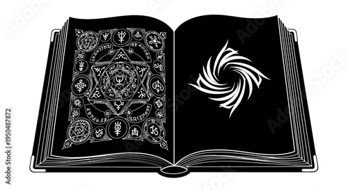 Open book with intricate designs and symbols isolated on black background