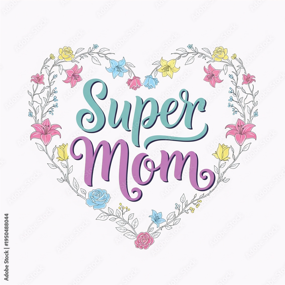 Fototapeta premium A colorful illustration of a heart with flowers and the words Super Mom in the center.
