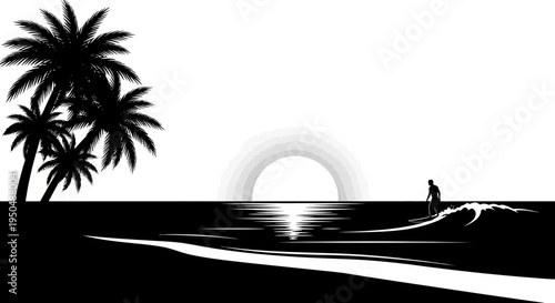 Silhouette surfer on wave with palm trees and sunset vector illustration