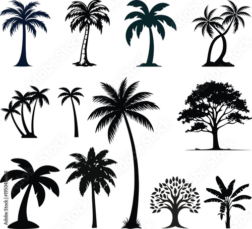 Tree silhouette vector set includes various tree types, palm, oak, and more. Perfect for nature designs, landscaping, and botanical illustrations