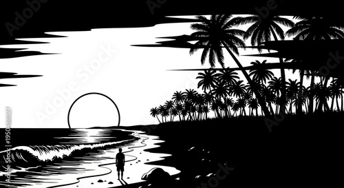 Silhouette of person on beach at sunset with palm trees and ocean