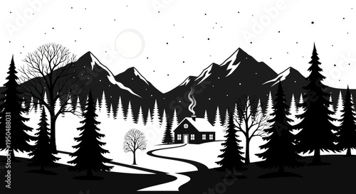 Winter landscape illustration with house trees and mountains silhouette