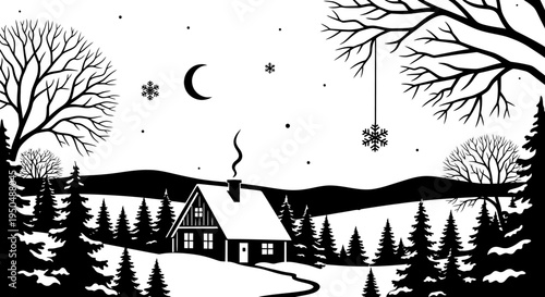 Winter landscape scene with house trees moon and snowflakes in black and white