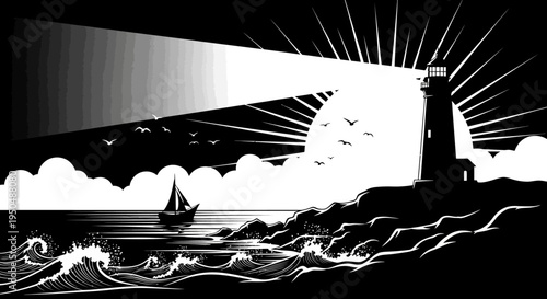 Dramatic lighthouse scene illuminates ocean waves and sailboat at night