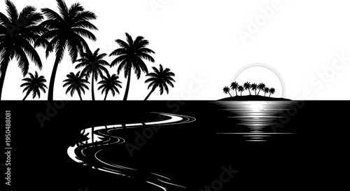Silhouette of tropical island landscape with palm trees and sunset