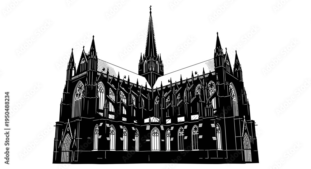 Fototapeta premium Gothic architecture illustration detailed black and white building design