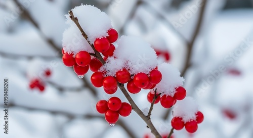 Bright red winter berries rest beneath fresh caps of white snow on slender branches