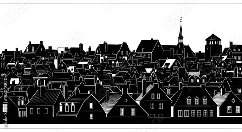 Black and white cityscape illustration featuring roofs and buildings
