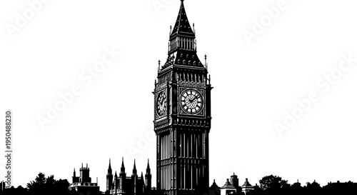Black and white illustration of a tall clock tower against a clear sky