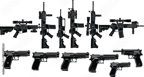 Assault rifle and handgun silhouettes collection, tactical firearms set, military weapon icons isolated black vector illustration for security defense concept