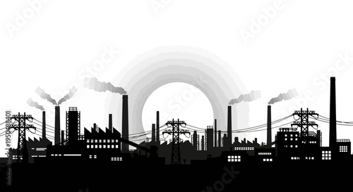 Industrial silhouette against sunrise black and white illustration