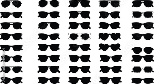 Large collection of black sunglasses silhouettes and eyewear icons featuring various frame styles like aviator wayfarer and heart shapes isolated on white background for vector design.
