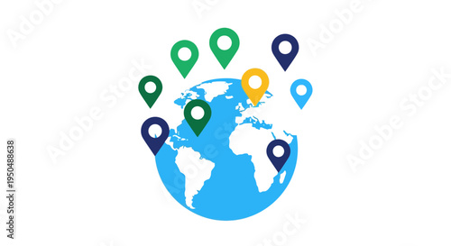 Globe with colorful location markers.