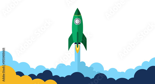 Green Rocket Ship Blasting Off.