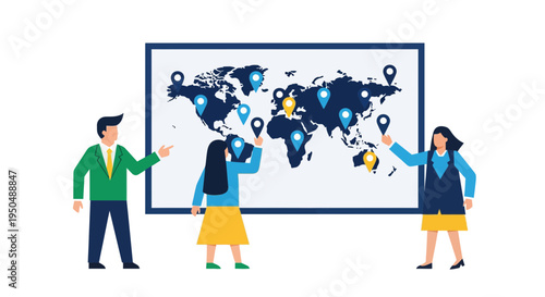 Three people looking at world map.