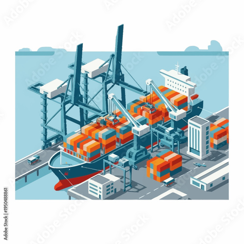 Container Ship Loading and Unloading at Port Terminal.