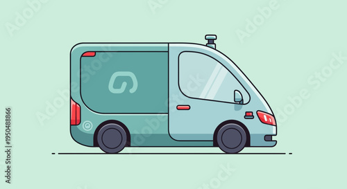 Teal delivery van with logo.