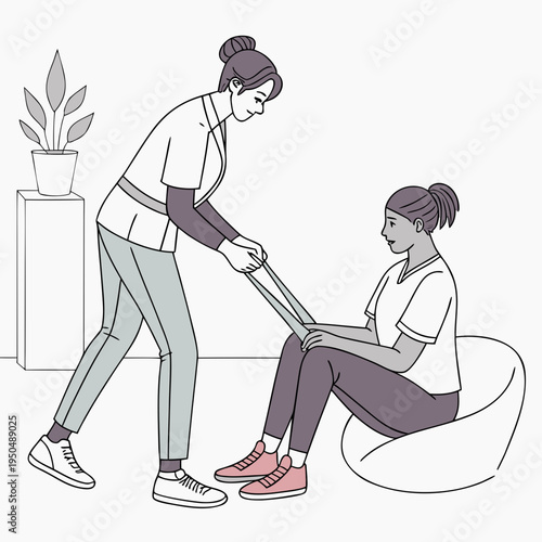 A physical therapist assisting a patient with leg exercises using a resistance band in a modern clinic