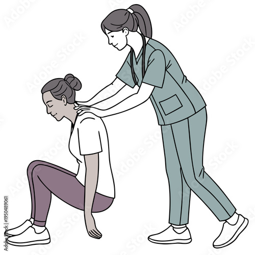 A physical therapist providing a neck massage to a patient in a clinical setting