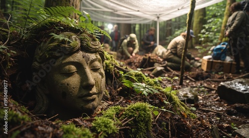 Stone statue head of woman half buried in dirt and moss in forest. Archaeologist team excavating ancient ruins in deep woods. Historical discovery and exploration work in nature.