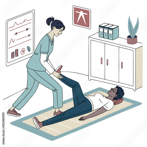 A physical therapist assisting a patient with a leg exercise in a modern medical office