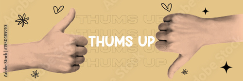 Halftone pop art dot thumbs up hand thumbs down hand like dislike gesture feedback reaction approval rejection vector illustration