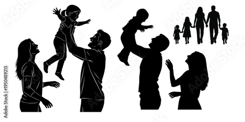 Silhouette of people in various poses and interactions