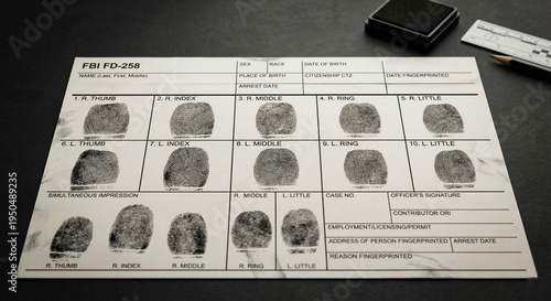 Canvastavla Blank Fingerprint Card Resting on a Dark Gray Surface Next To Ink Pad