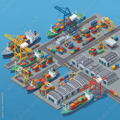 Isometric Port Scene with Cargo Ships and Cranes.