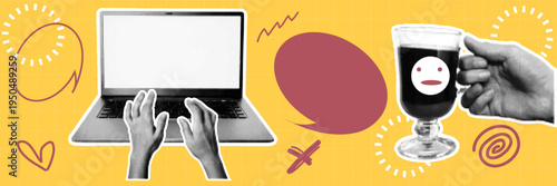 Halftone pop art dot laptop computer keyboard typing hands speech bubble online work communication technology vector illustration