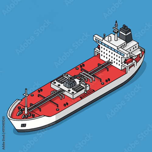 Isometric Illustration of a Large Cargo Ship on a Blue Background.