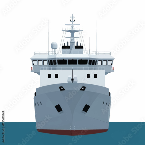 Front View of a Modern Cargo Ship Sailing on the Ocean.