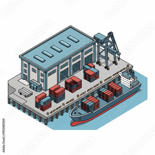 Isometric Port Terminal with Cargo Ship and Containers.