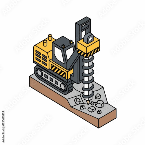 Isometric drilling machine excavating ground with rocks.