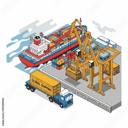 Container Ship Loading and Unloading at Port Terminal.