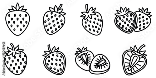 A collection of eight strawberries in various orientations and states