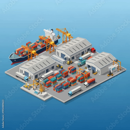 Isometric Logistics Port with Cargo Ship and Warehouses.