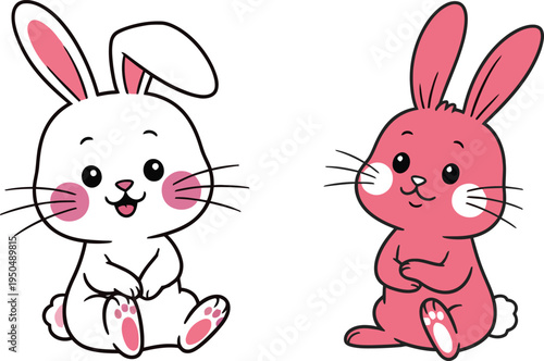 Colorful illustration of two cute cartoon bunnies in different colors and poses