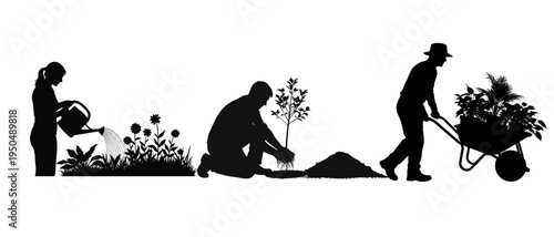 Silhouette of people gardening and planting flowers