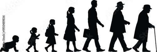 Silhouette of people walking in a line from childhood to adulthood