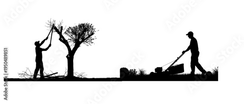 Silhouette of a man mowing lawn next to a tree