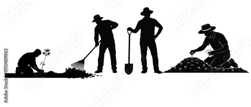 Silhouettes of people working with shovels and rakes in a yard