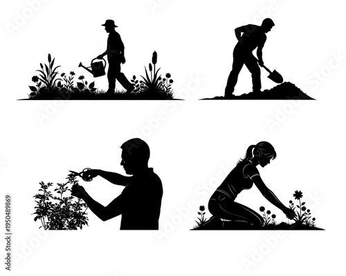 Silhouette illustrations of people gardening and landscaping